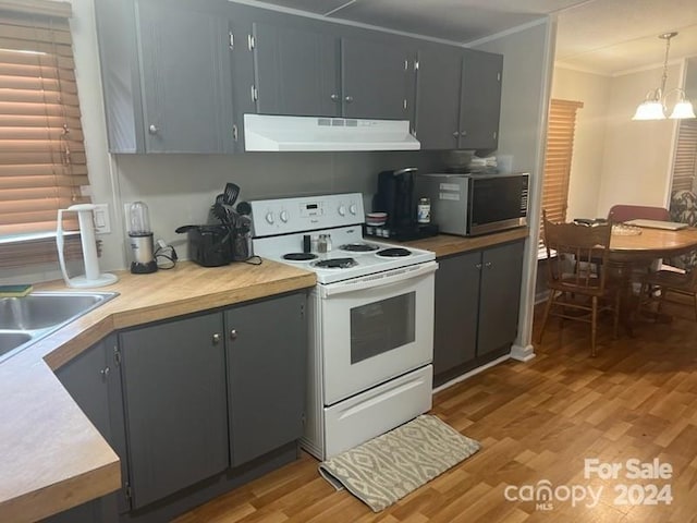 kitchen featuring pendant lighting, an inviting chandelier, electric stove, ornamental molding, and light hardwood / wood-style floors