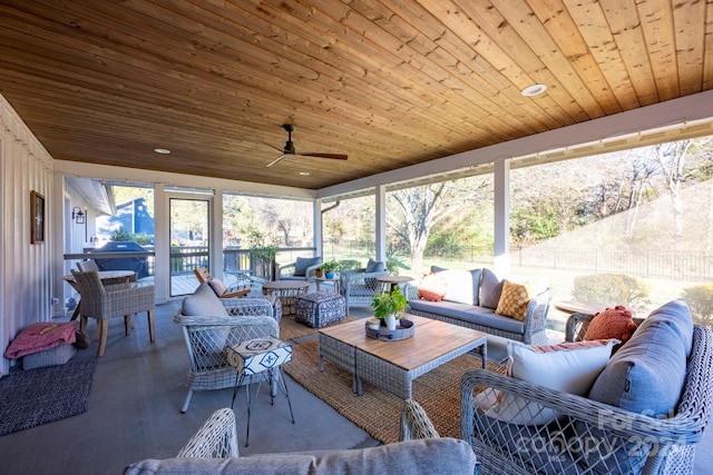 sunroom / solarium with ceiling fan and wood ceiling