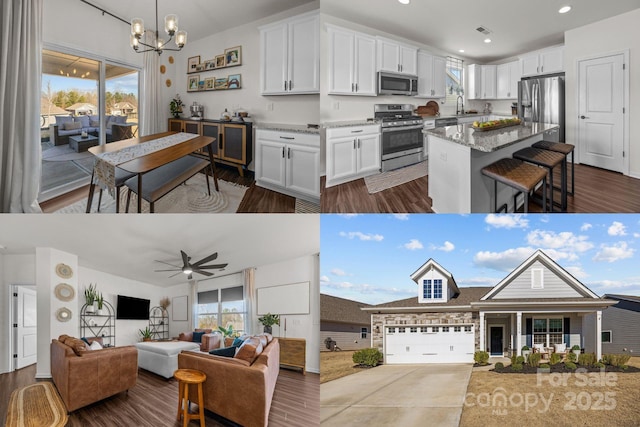 kitchen featuring light stone countertops, ceiling fan with notable chandelier, stainless steel appliances, and white cabinetry