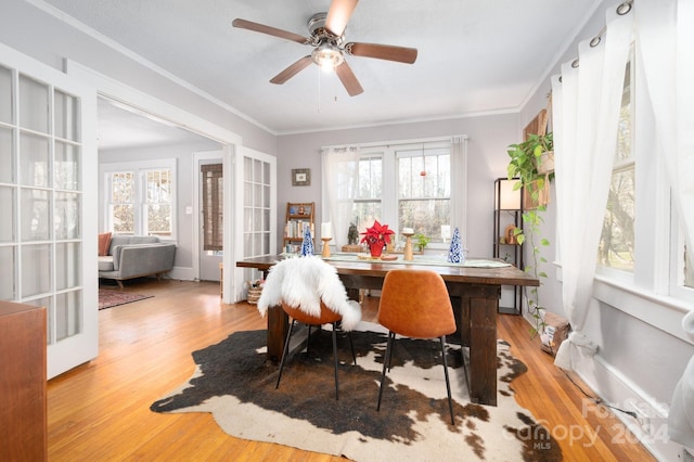 dining space featuring ceiling fan, crown molding, and light hardwood / wood-style floors