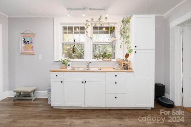 bar with dark wood-type flooring, white cabinetry, ornamental molding, and sink