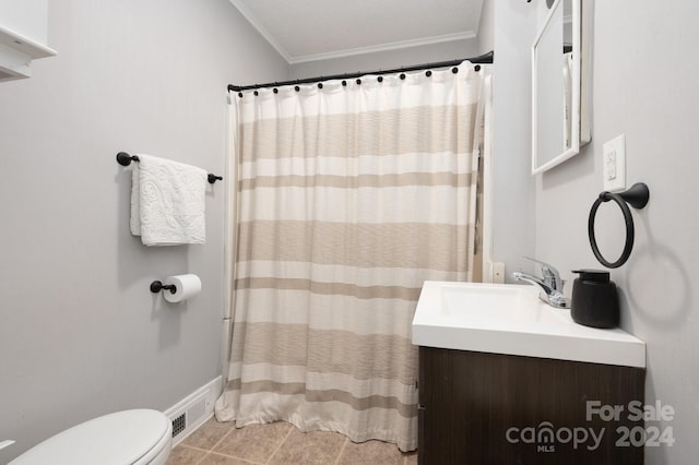 bathroom featuring a shower with curtain, tile patterned floors, crown molding, toilet, and vanity