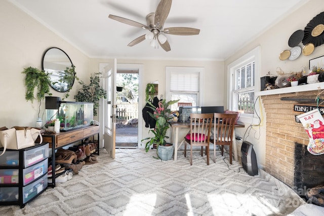 interior space with ceiling fan