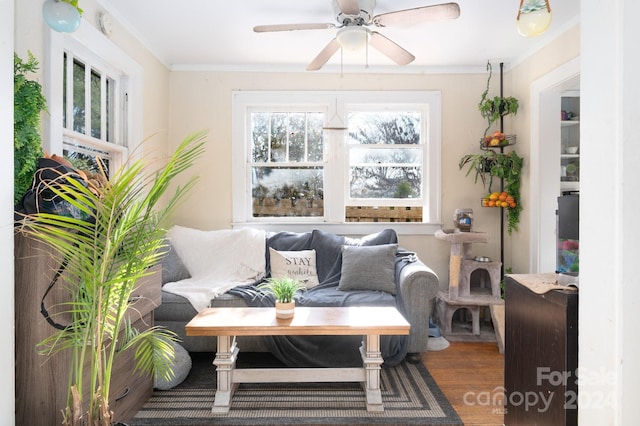 living area with hardwood / wood-style floors, ceiling fan, and ornamental molding