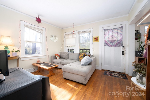 living room featuring hardwood / wood-style flooring and crown molding