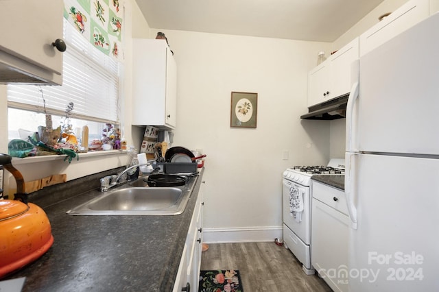 kitchen with white cabinetry, wood-type flooring, white appliances, and sink