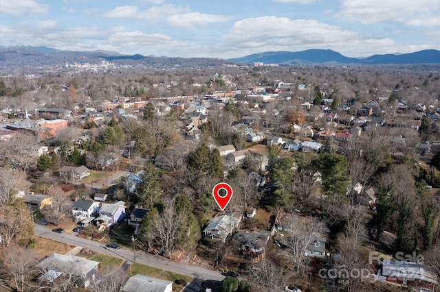 drone / aerial view featuring a mountain view