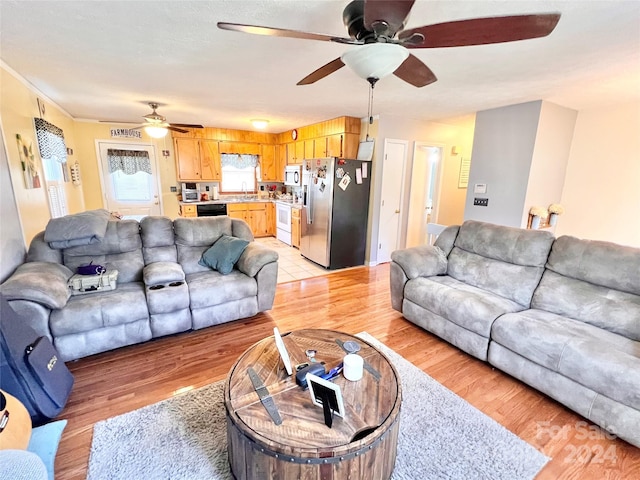 living room featuring light hardwood / wood-style floors and sink