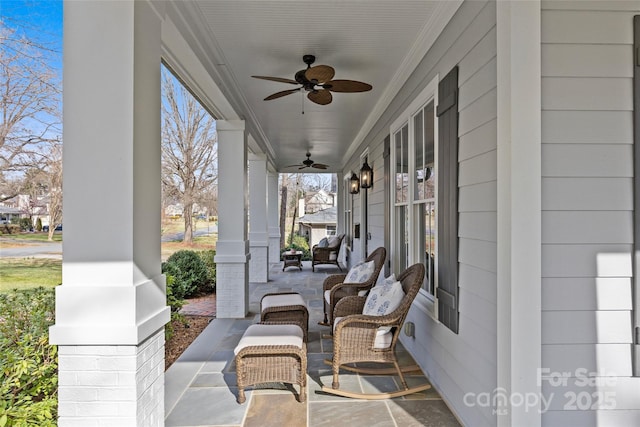 view of patio / terrace featuring ceiling fan and a porch