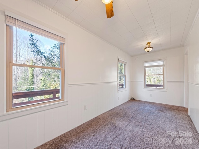 carpeted empty room with ceiling fan and crown molding