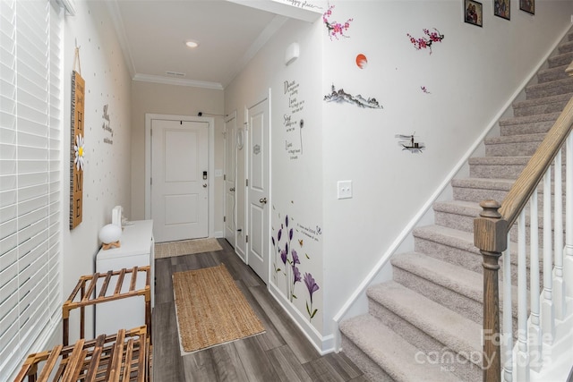 hallway featuring dark hardwood / wood-style flooring and ornamental molding