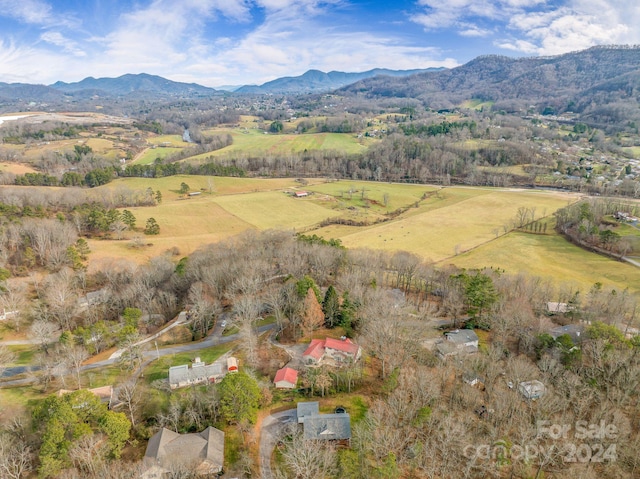 aerial view featuring a mountain view and a rural view