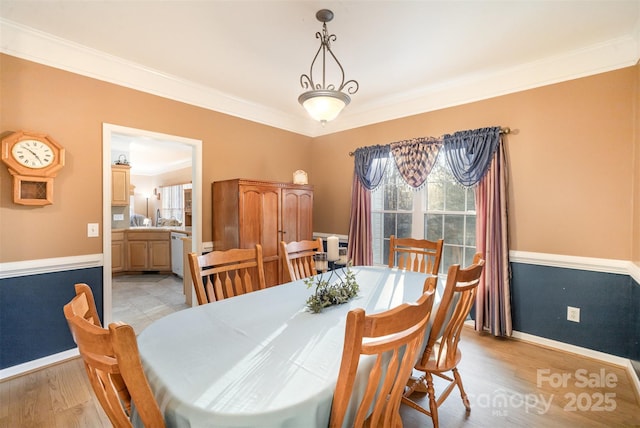 dining area with a healthy amount of sunlight, light wood-type flooring, and crown molding