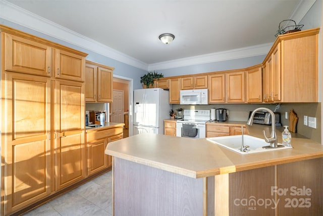 kitchen with white appliances, crown molding, kitchen peninsula, light tile patterned floors, and sink