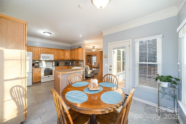 dining area featuring ceiling fan, crown molding, and sink