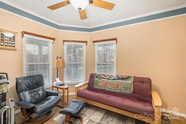 sitting room with ornamental molding and a wealth of natural light