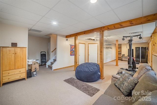 basement with a paneled ceiling and carpet floors