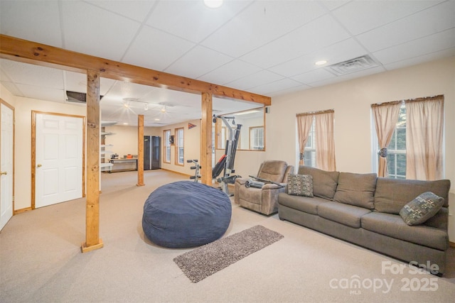 living room featuring a paneled ceiling and carpet