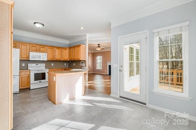 kitchen featuring a peninsula, white appliances, baseboards, and ornamental molding