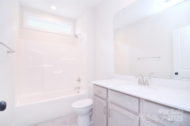 bathroom featuring shower / bath combination, visible vents, toilet, tile patterned flooring, and vanity