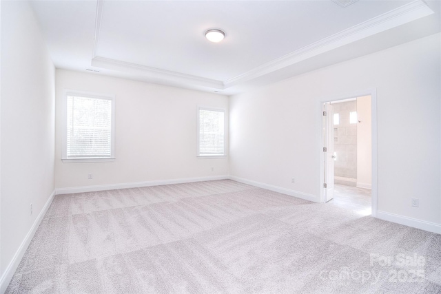 empty room featuring light carpet, a tray ceiling, and ornamental molding