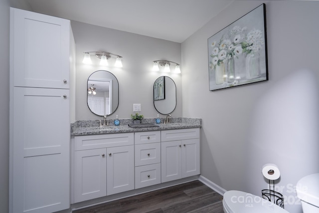 bathroom featuring vanity, hardwood / wood-style flooring, and toilet