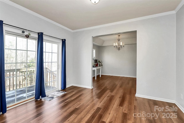 unfurnished room with crown molding, a notable chandelier, and dark wood-type flooring