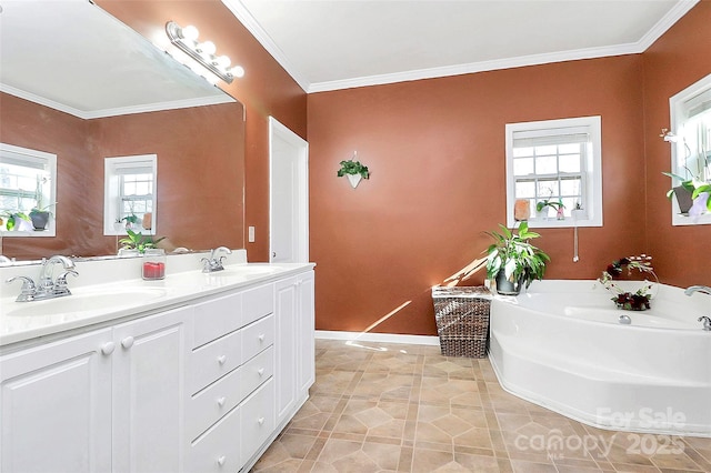 bathroom featuring vanity, ornamental molding, and a bathing tub