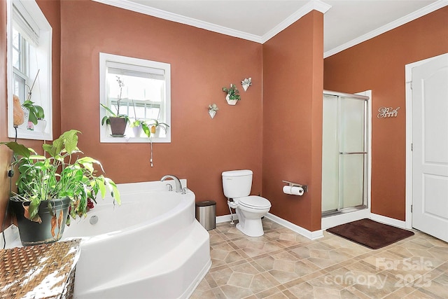 bathroom featuring toilet, crown molding, and shower with separate bathtub