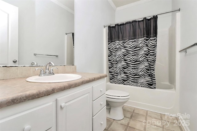 full bathroom with toilet, shower / bath combo with shower curtain, crown molding, and vanity