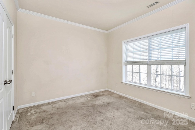 empty room featuring light carpet and crown molding