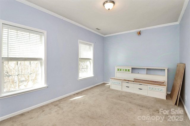 interior space featuring carpet and crown molding