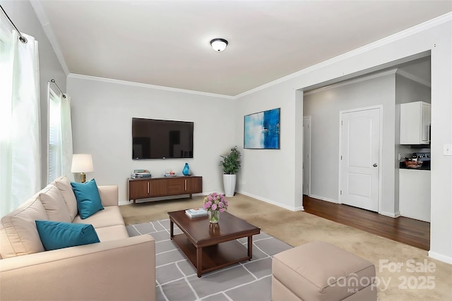 living room featuring crown molding and light carpet