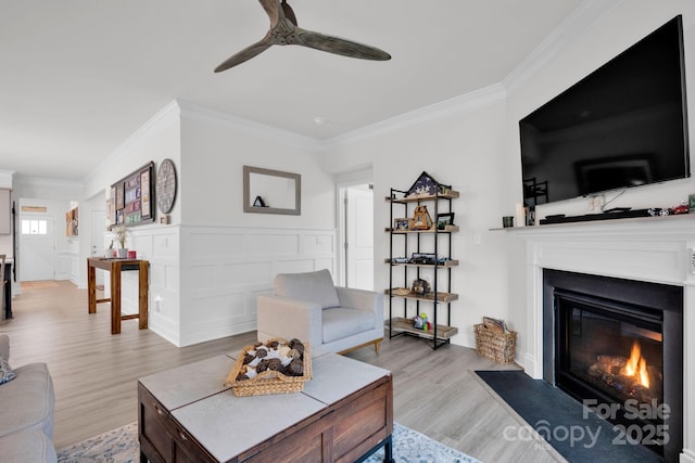 living room featuring ceiling fan, light wood-type flooring, and ornamental molding