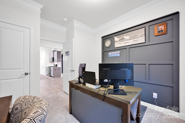 office space featuring light colored carpet and crown molding