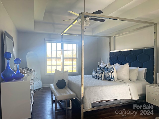 bedroom with dark hardwood / wood-style flooring, a tray ceiling, and ceiling fan