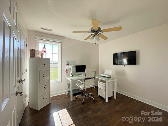 office space with ceiling fan and dark wood-type flooring