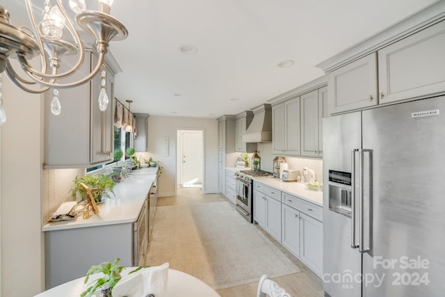 kitchen featuring backsplash, high quality appliances, hanging light fixtures, and custom exhaust hood