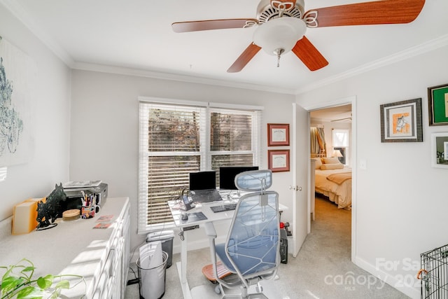 office space featuring light carpet and ornamental molding