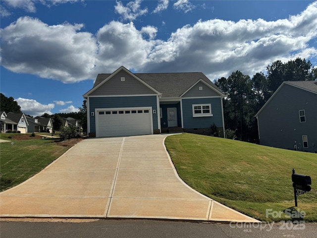 craftsman inspired home featuring a front yard, concrete driveway, a garage, and crawl space