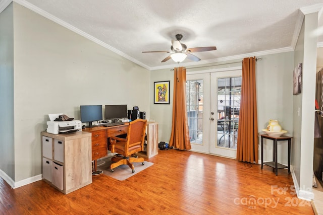 office with french doors, ceiling fan, ornamental molding, and wood-type flooring