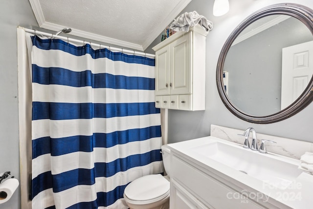 bathroom featuring vanity, a textured ceiling, toilet, and crown molding