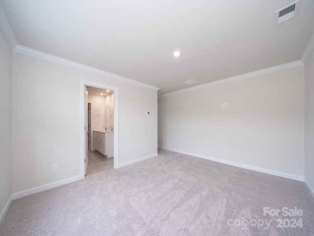 spare room featuring light colored carpet, ornamental molding, and sink