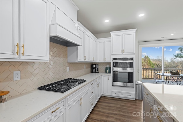 kitchen featuring tasteful backsplash, light stone counters, appliances with stainless steel finishes, white cabinets, and custom exhaust hood