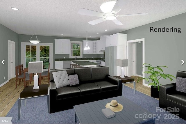 living room with french doors, wood-type flooring, a textured ceiling, and ceiling fan