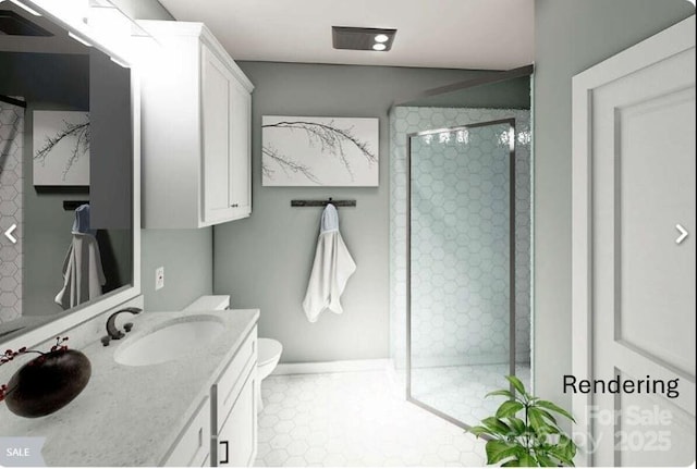 bathroom featuring tile patterned flooring, vanity, toilet, and a shower with door