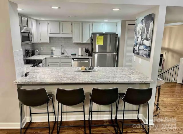 kitchen featuring decorative backsplash, light stone counters, stainless steel appliances, dark wood-type flooring, and sink