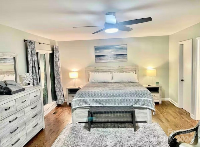 bedroom with ceiling fan and wood-type flooring