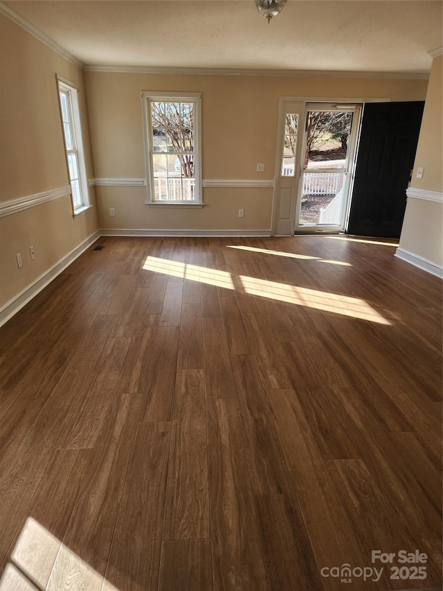 foyer with crown molding, dark hardwood / wood-style flooring, and a wealth of natural light