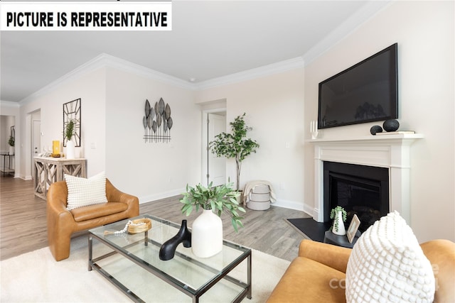 living room with crown molding and hardwood / wood-style floors